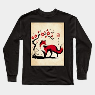 Minimalist Fox Ink Japanese Streetwear Novelty Retro Red Fox Long Sleeve T-Shirt